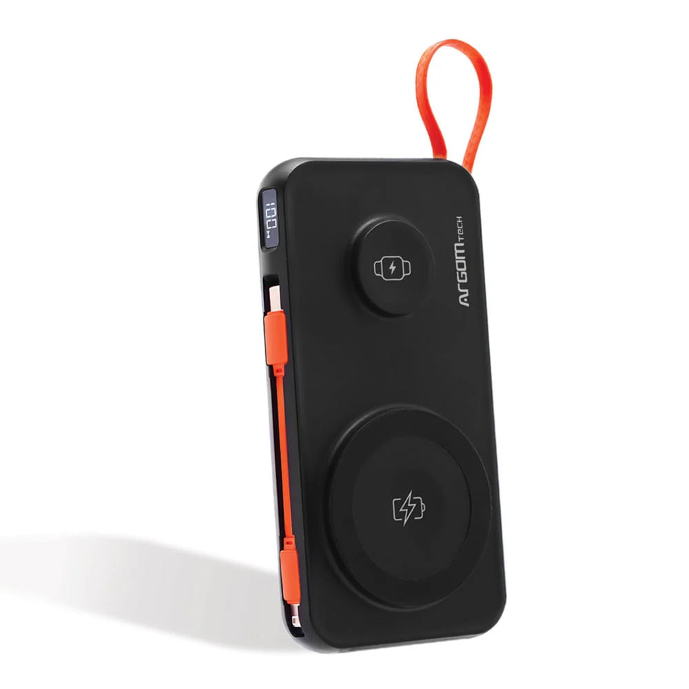 Power Bank Inalambrico Argom ST10 ARG-PB-1164BK de 10000 mAh 4 en 1 con Carga Magnetica de 15 W, Carga Rapida PD de 20 W y Cables Integrados