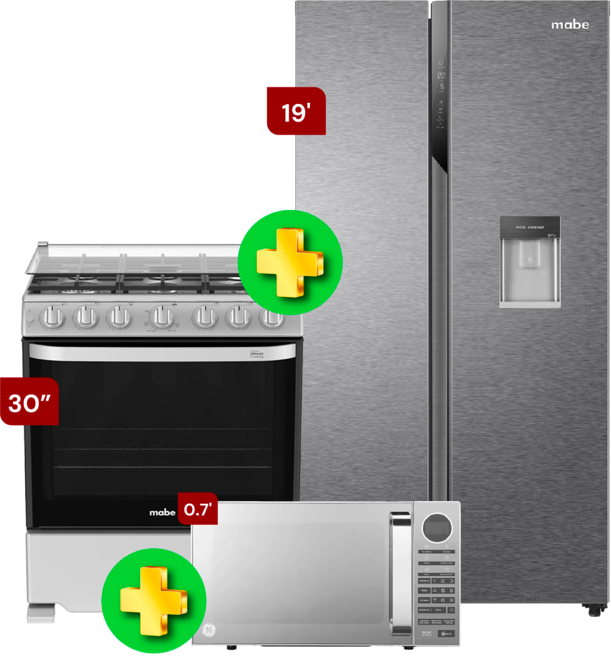 Combo Horno Microondas GE 0.7 MGE07SEJ + Estufa Mabe 30 WEM7659CFIS3 + Refrigeradora Mabe Side by Side 19 Pies MSM544LMLSS0