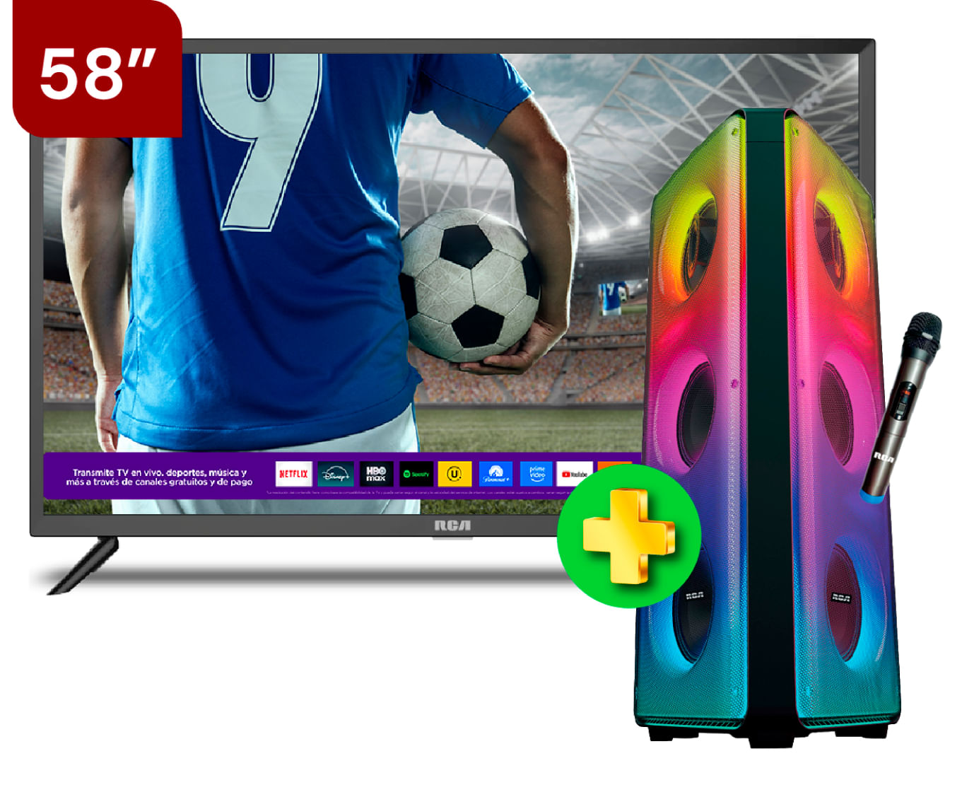 Combo Televisor RCA Roku 58 + Bocina Torre Bluetooth Ibiza 100W RCT8100