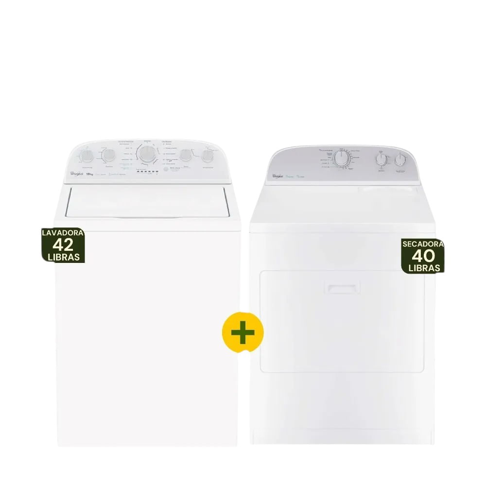 Combo Whirlpool Lavadora de 42 Libras 7MWTW1904LM + Secadora Eléctrica de 40 Libras 7MWED1800M