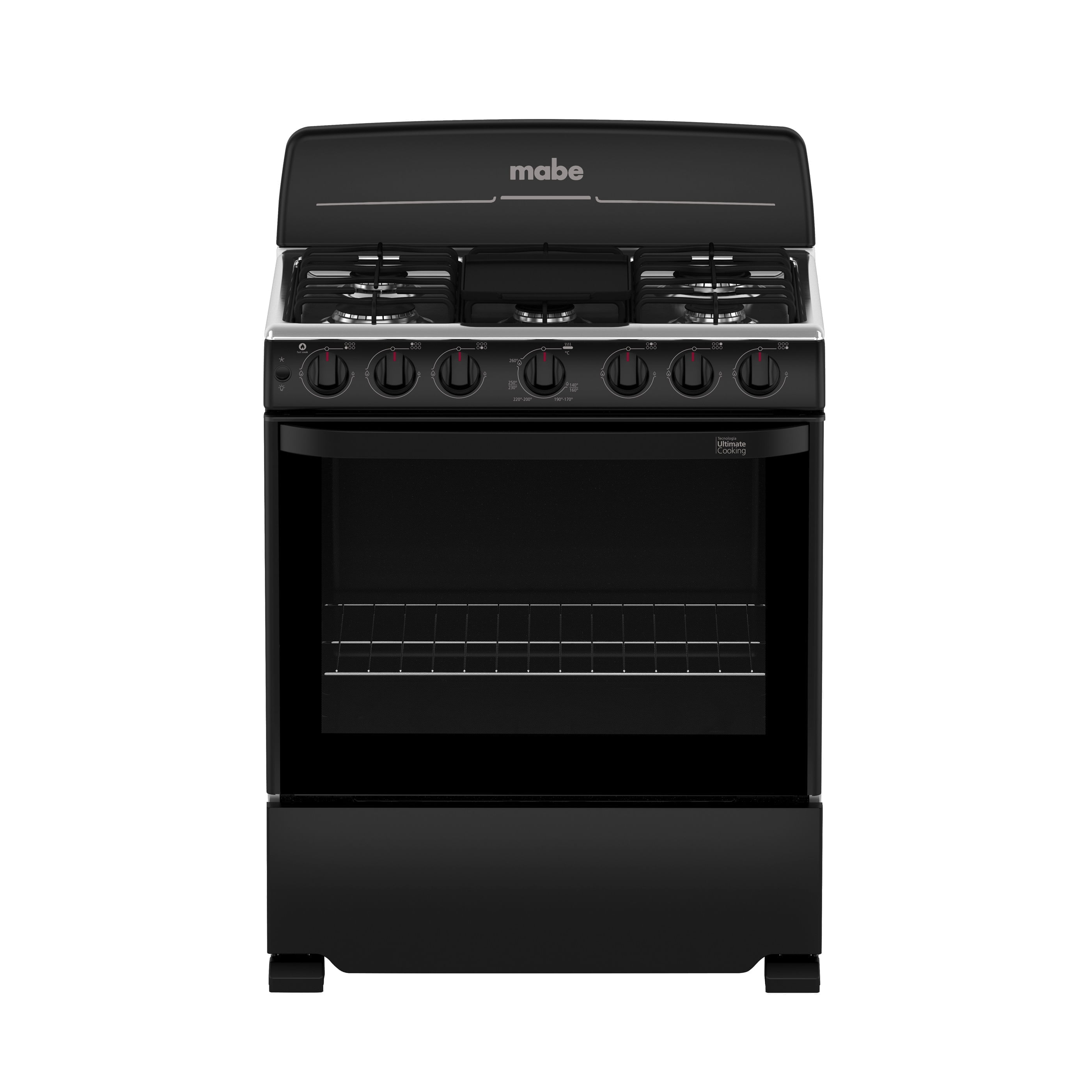 Estufa de Gas 30 pulgadas Mabe 6 Quemadores Parrillas Iron Cook CEM7650BSIN3 Acero Inoxidable Negro